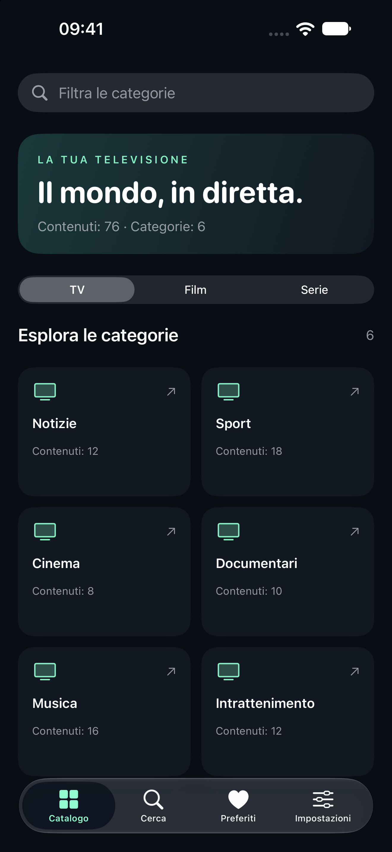 Catalogo di Channelix IPTV con categorie dimostrative