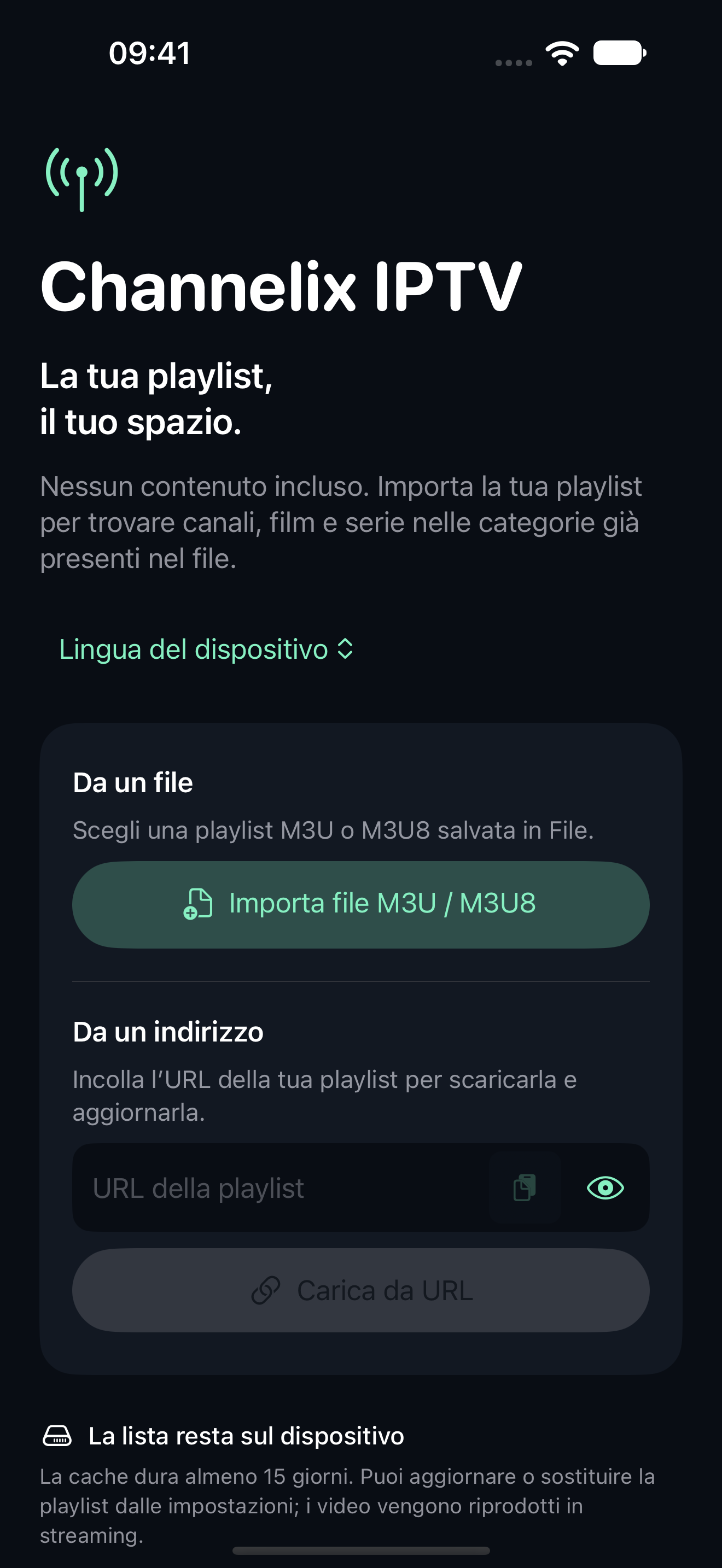 Schermata iniziale vuota di Channelix IPTV